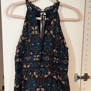 BCBGeneration.  Mini, halter, V neck, printed dress.